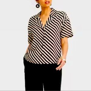 A New Day Target Blouse Top Black Tan Short Sleeve Rayon Collared V Striped